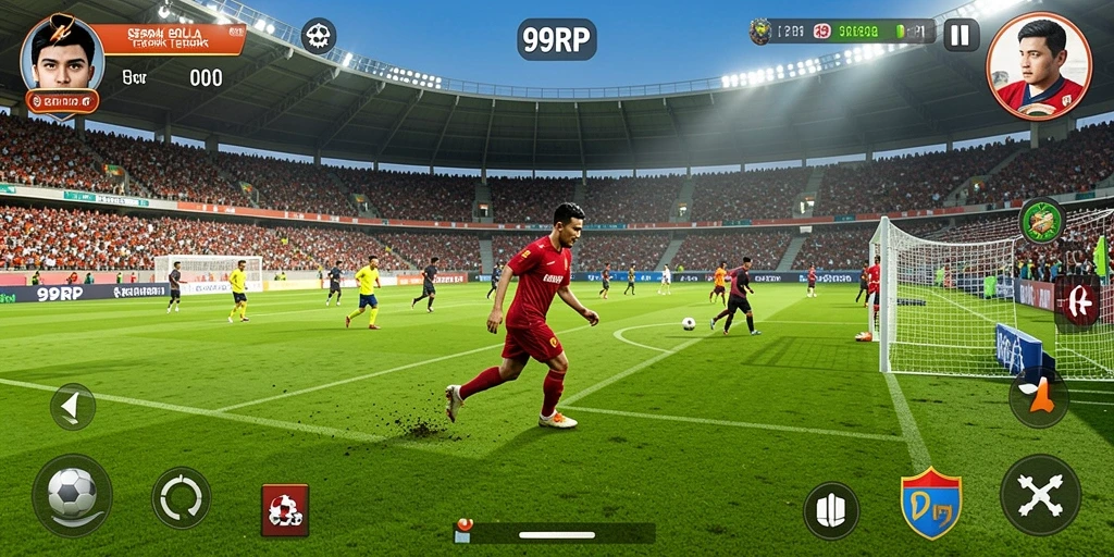 Tangkapan layar permainan 99RP menampilkan aksi sepak bola yang mendebarkan.