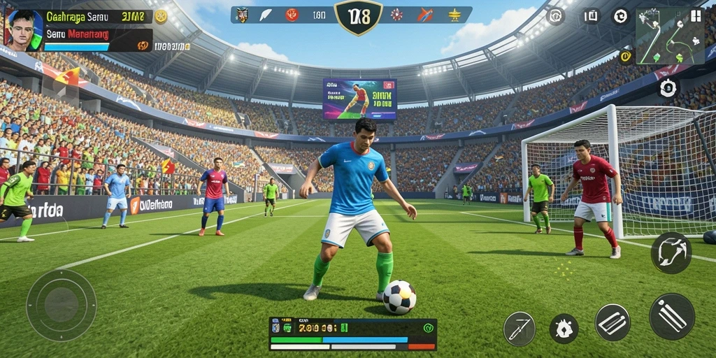 Screenshot gameplay AW8 menampilkan pertandingan olahraga yang seru.