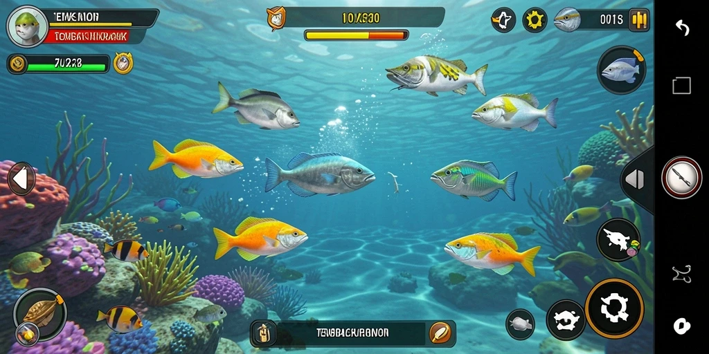Screenshot gameplay F7F7 yang menampilkan aksi menembak ikan.