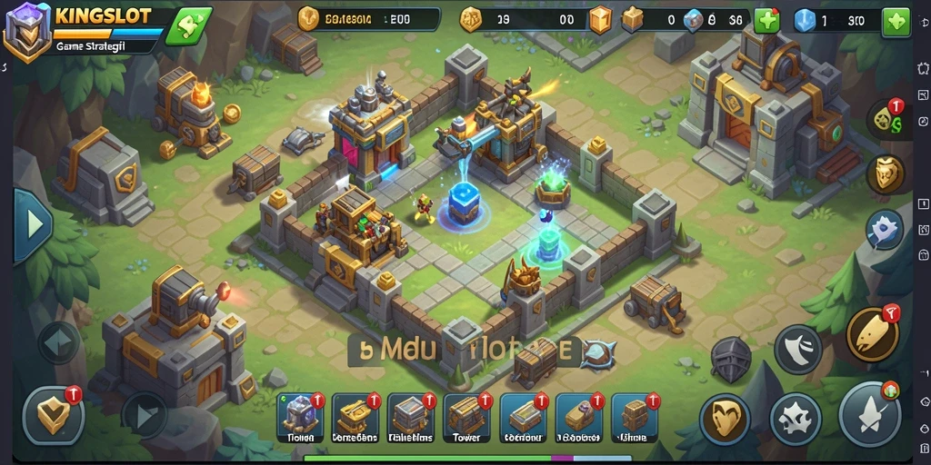 Gameplay <strong>KINGSLOT</strong> dengan menara dan musuh yang dinamis.