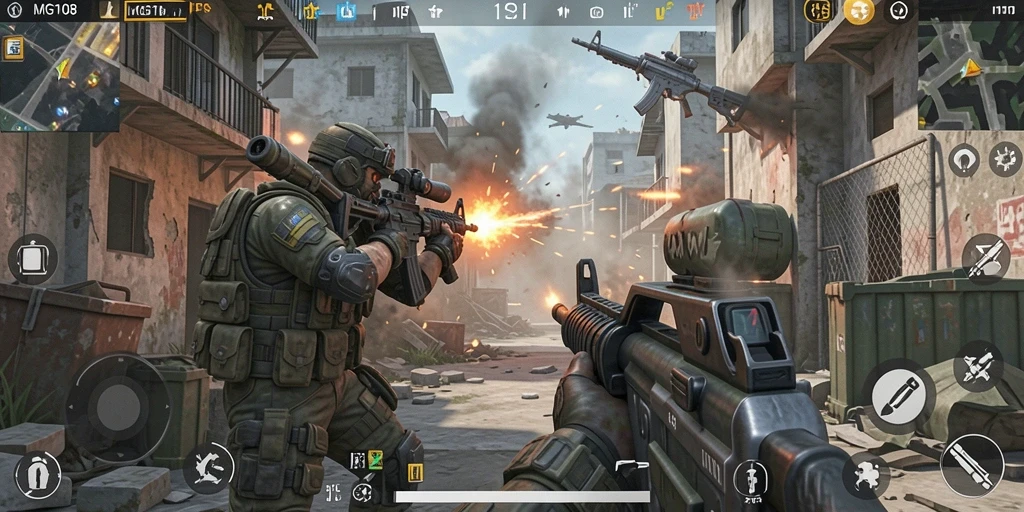 Screenshot gameplay MG108 menampilkan aksi pertempuran yang intens dalam dunia FPS.