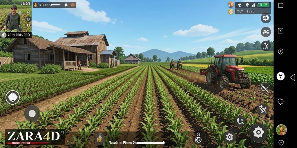 Screenshot gameplay ZARA4D menampilkan petani merawat ladang dengan tanaman hijau subur.